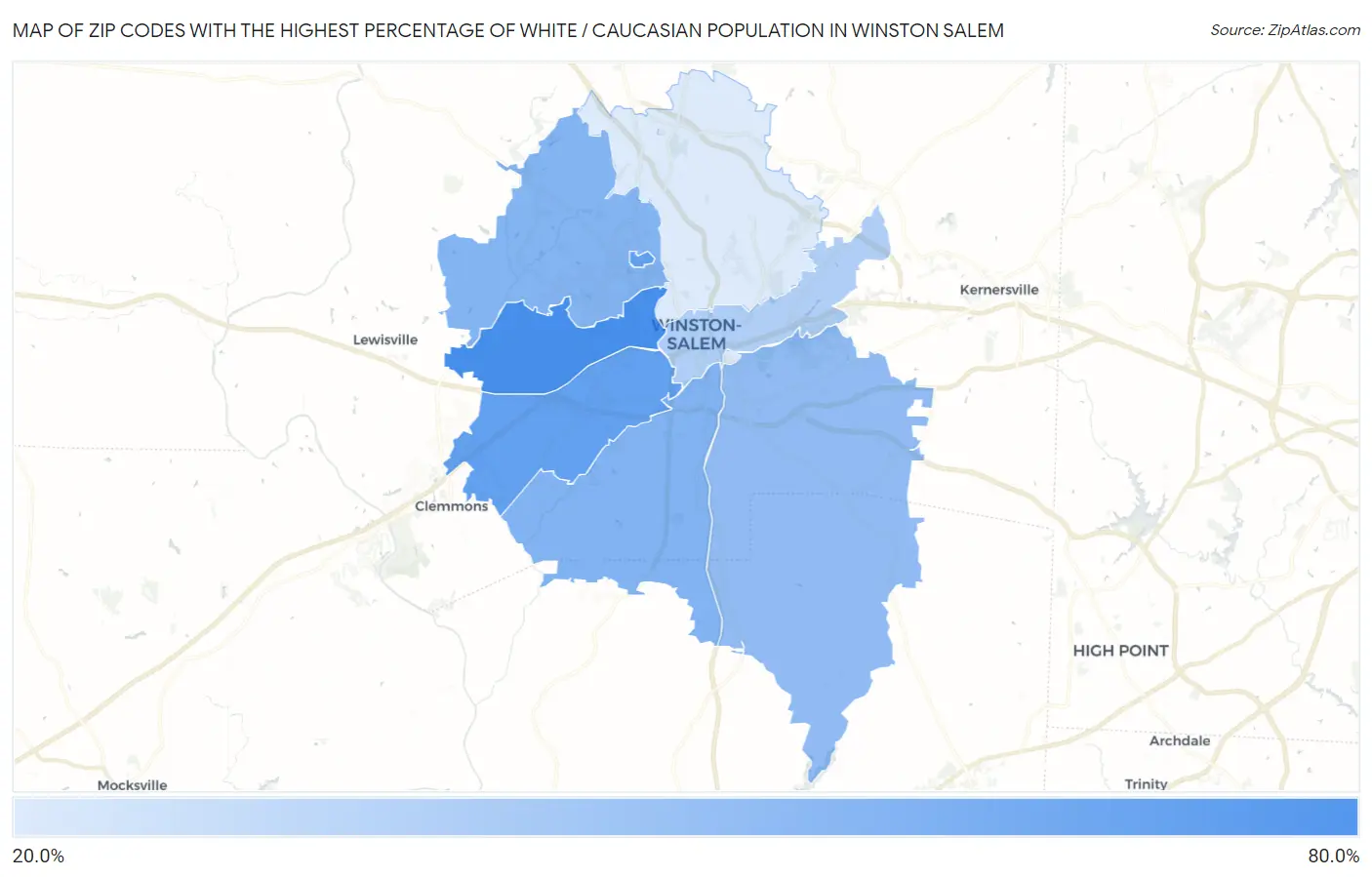 Zip Codes with the Highest Percentage of White / Caucasian Population in Winston Salem Map