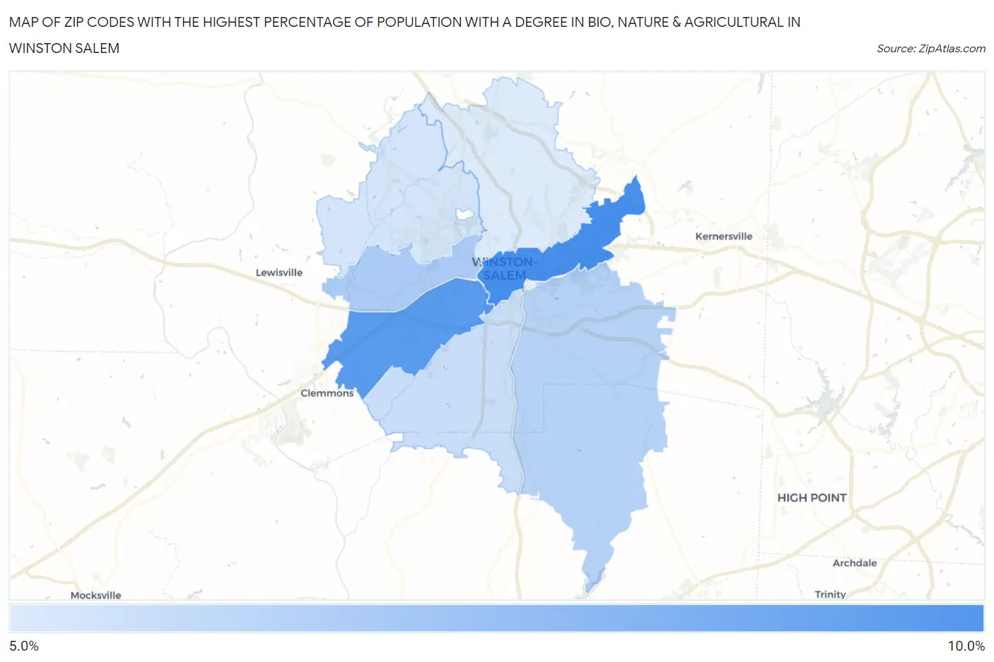 Zip Codes with the Highest Percentage of Population with a Degree in Bio, Nature & Agricultural in Winston Salem Map