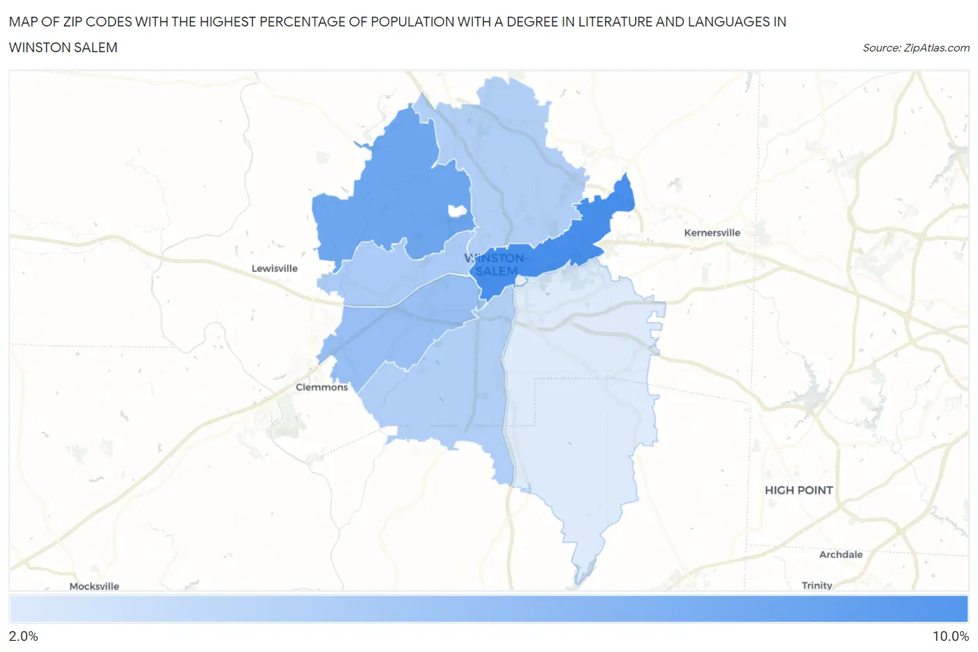 Zip Codes with the Highest Percentage of Population with a Degree in Literature and Languages in Winston Salem Map