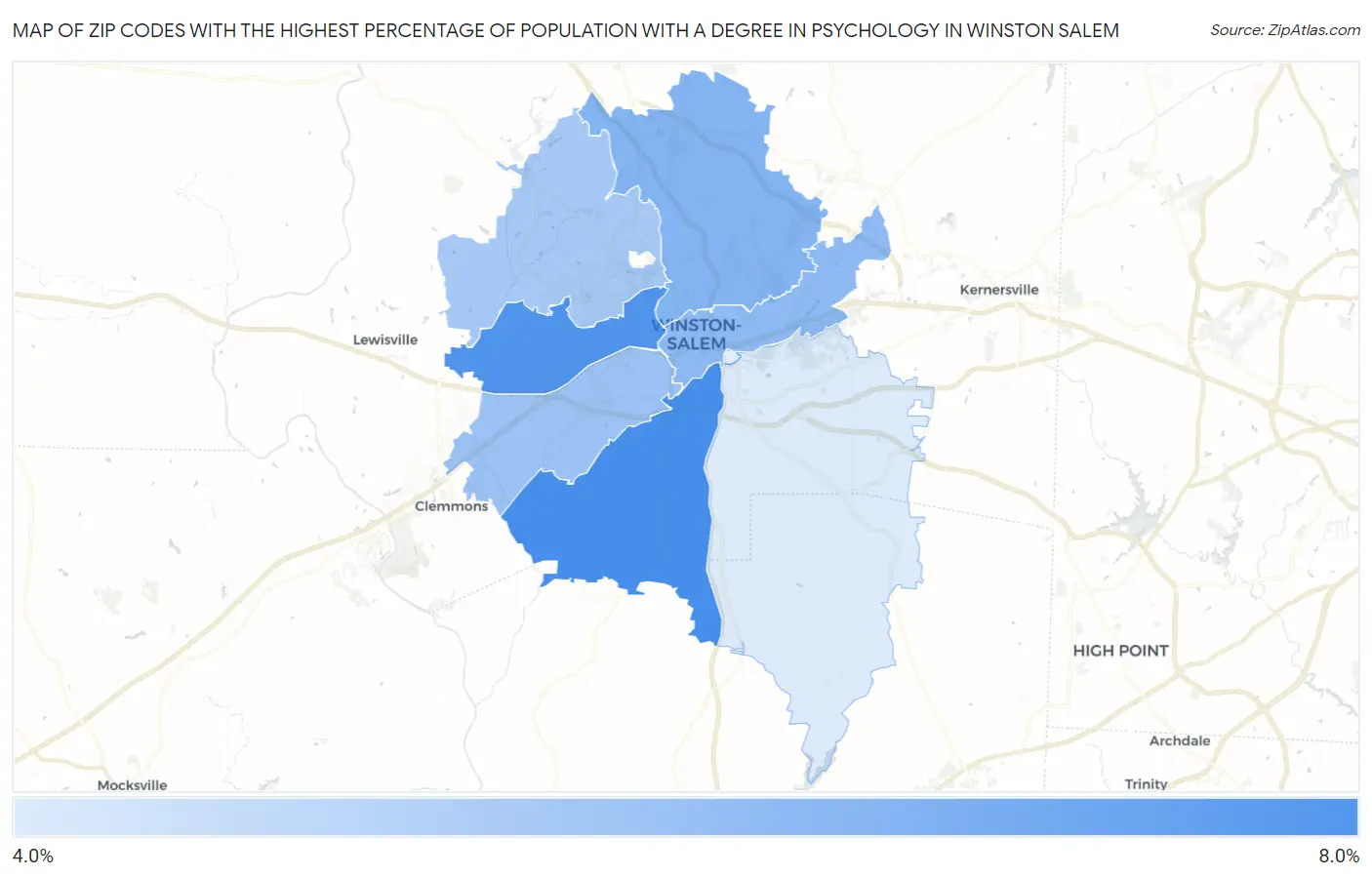 Zip Codes with the Highest Percentage of Population with a Degree in Psychology in Winston Salem Map