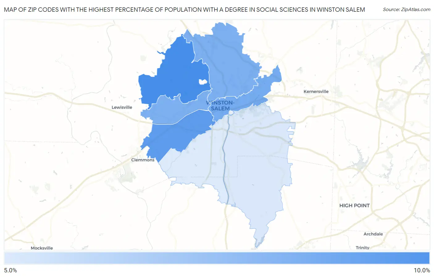 Zip Codes with the Highest Percentage of Population with a Degree in Social Sciences in Winston Salem Map