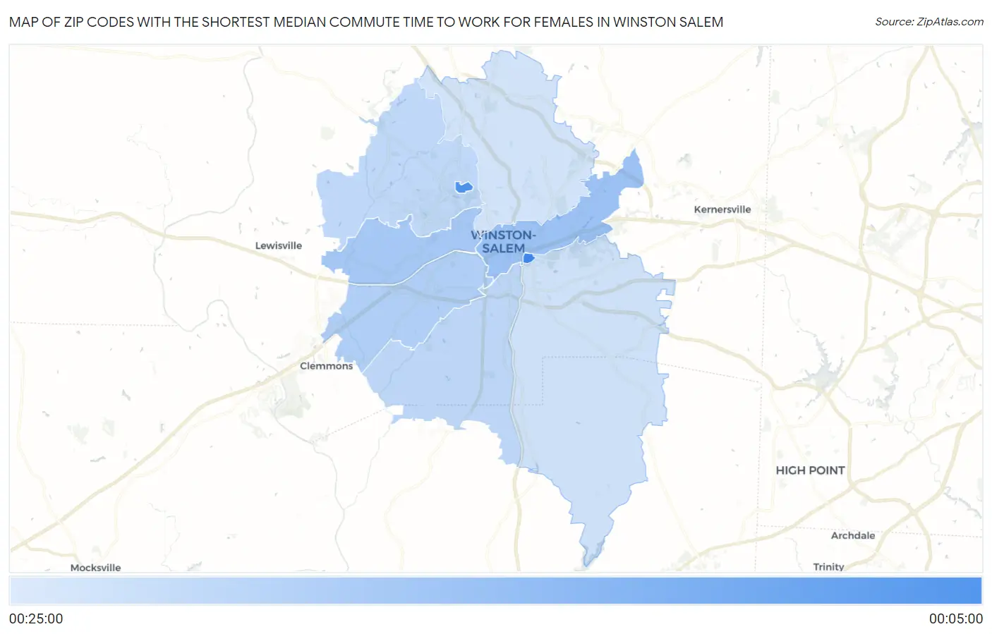 Zip Codes with the Shortest Median Commute Time to Work for Females in Winston Salem Map