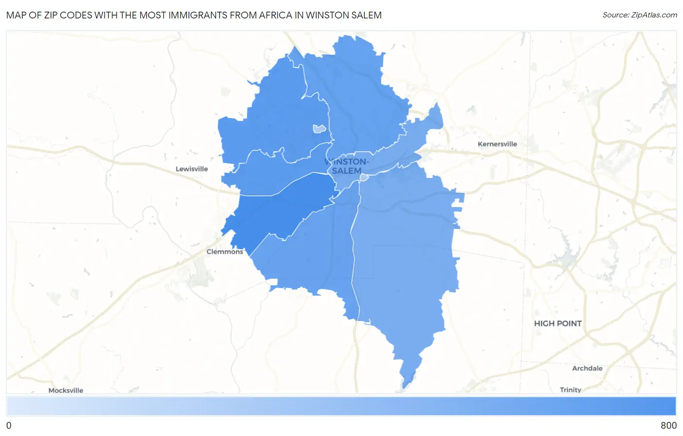 Zip Codes with the Most Immigrants from Africa in Winston Salem Map