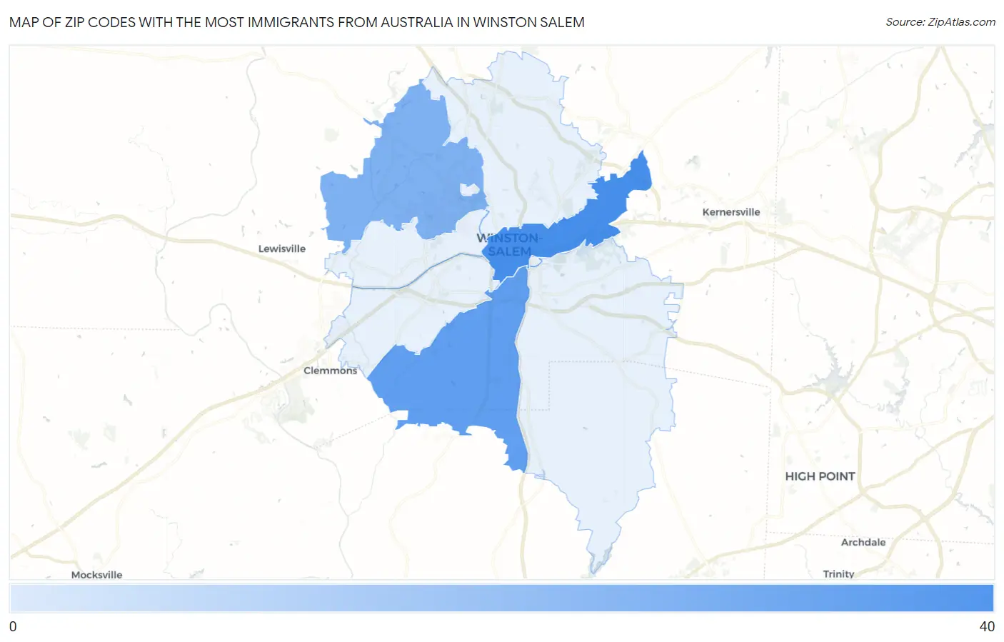 Zip Codes with the Most Immigrants from Australia in Winston Salem Map