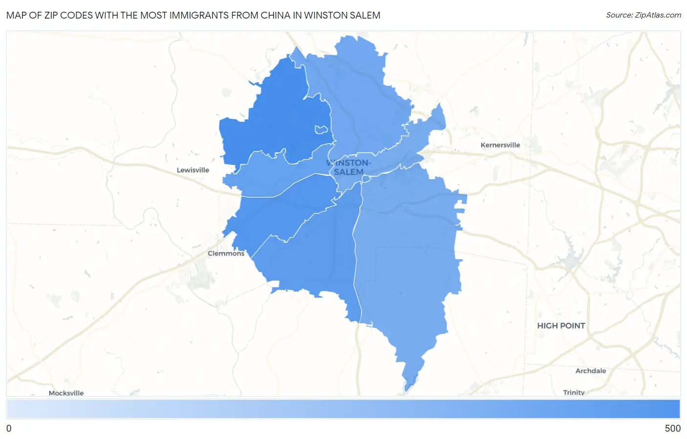 Zip Codes with the Most Immigrants from China in Winston Salem Map