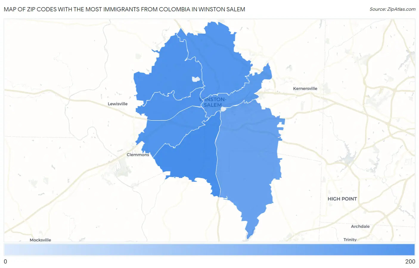 Zip Codes with the Most Immigrants from Colombia in Winston Salem Map