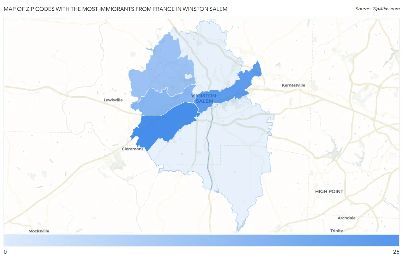 Zip Codes with the Most Immigrants from France in Winston Salem Map