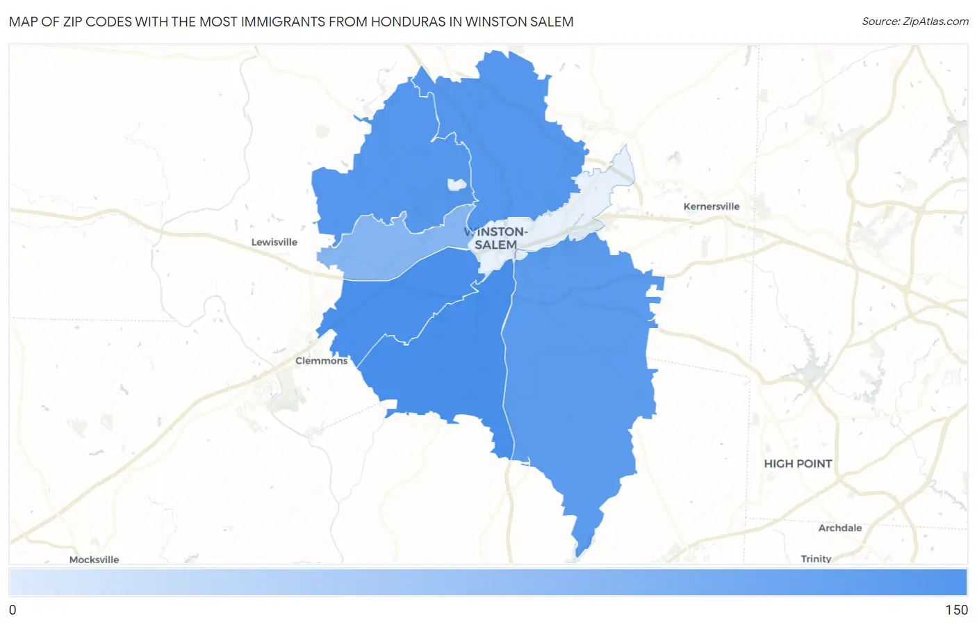 Zip Codes with the Most Immigrants from Honduras in Winston Salem Map