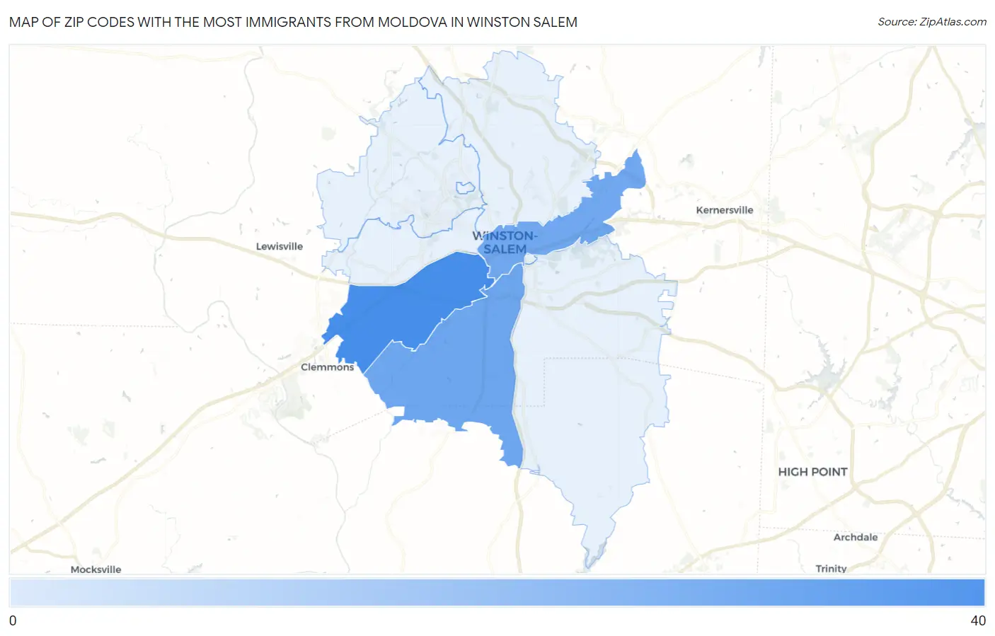 Zip Codes with the Most Immigrants from Moldova in Winston Salem Map