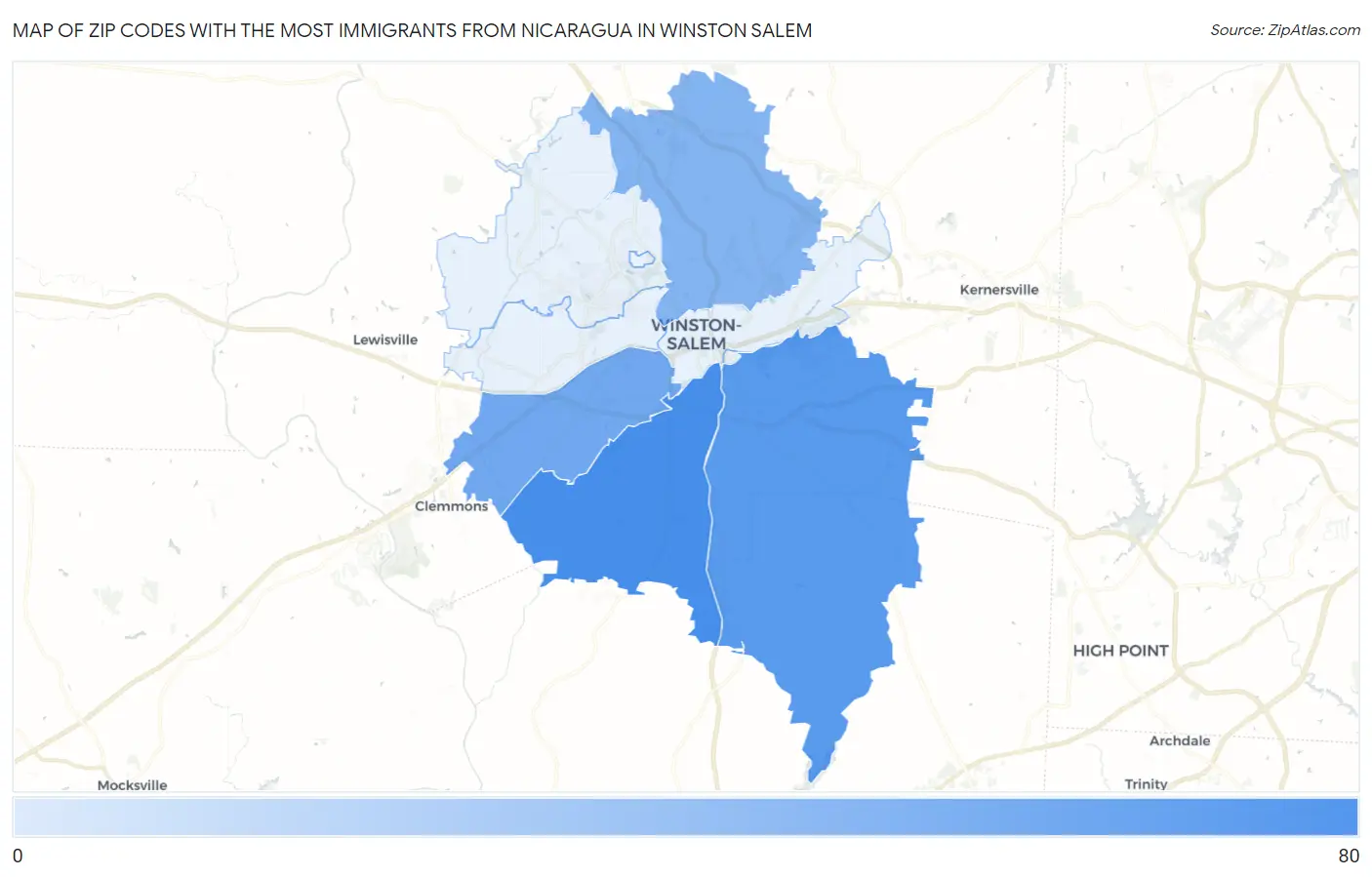 Zip Codes with the Most Immigrants from Nicaragua in Winston Salem Map