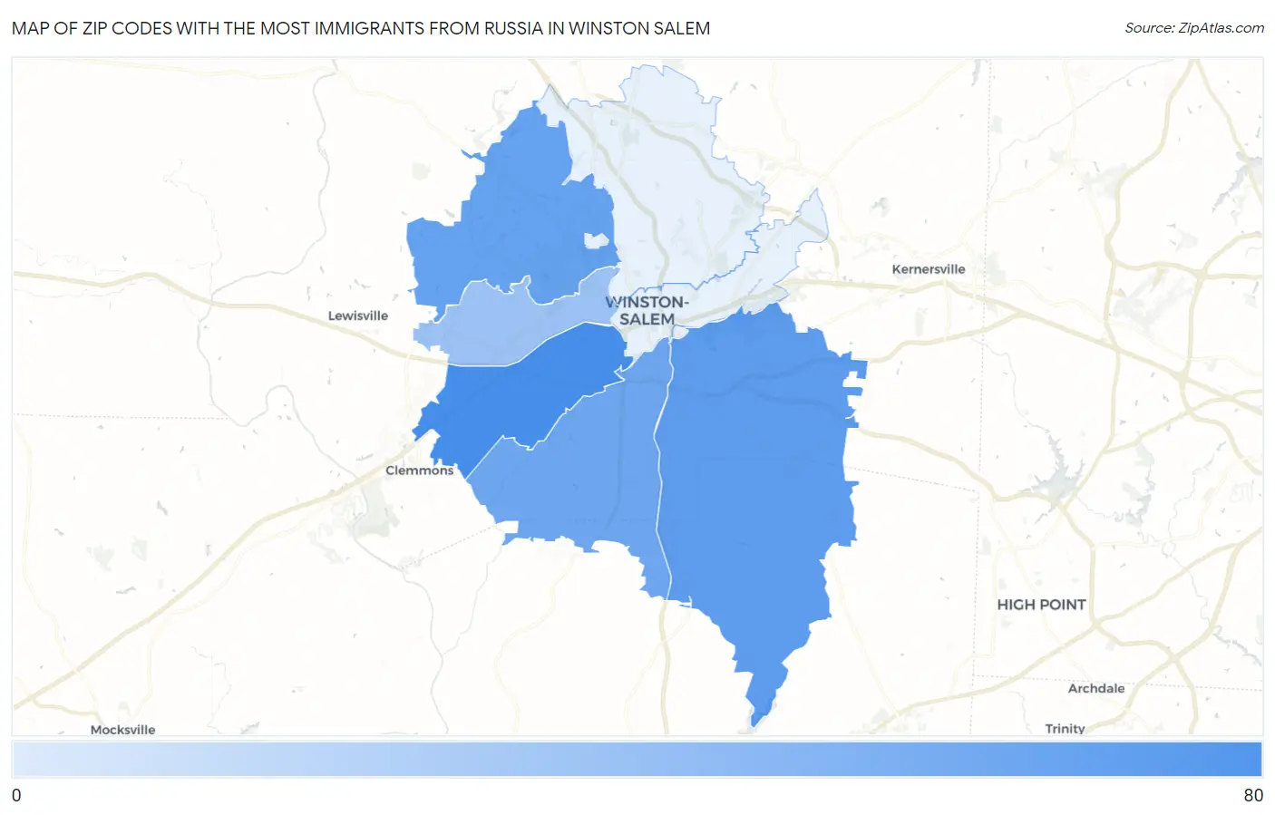 Zip Codes with the Most Immigrants from Russia in Winston Salem Map