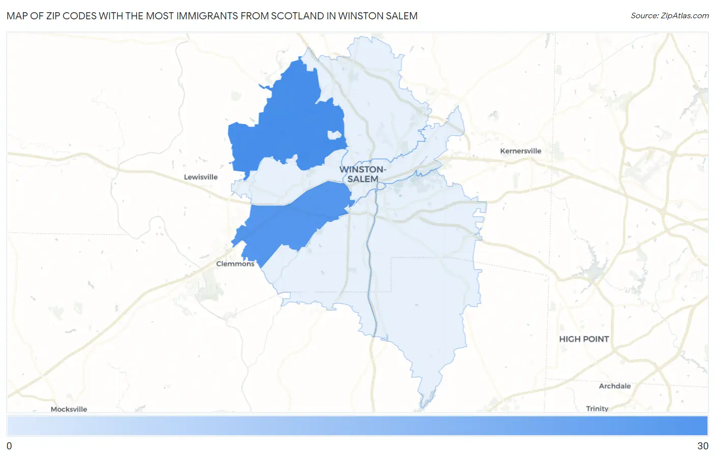 Zip Codes with the Most Immigrants from Scotland in Winston Salem Map