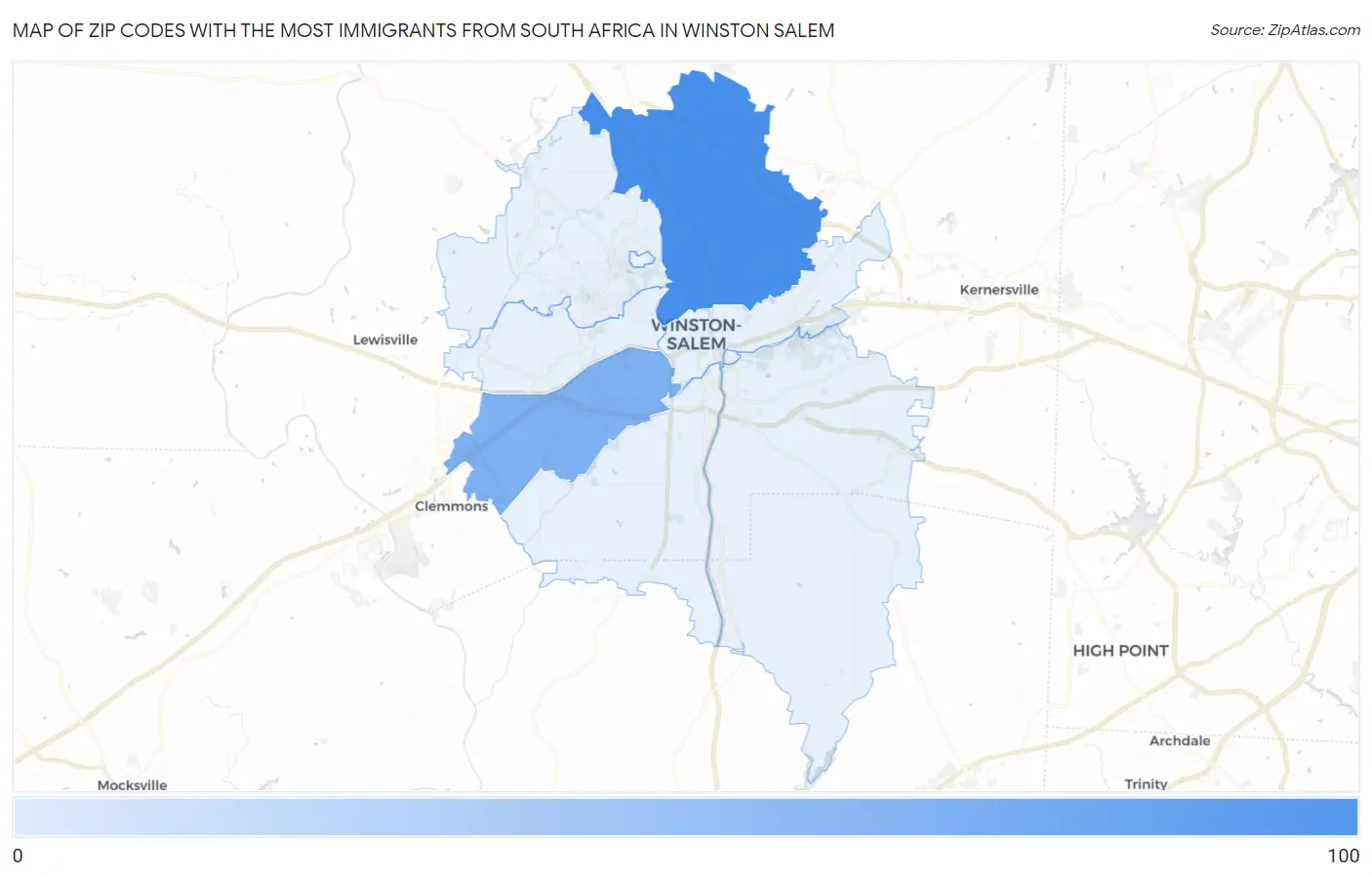 Zip Codes with the Most Immigrants from South Africa in Winston Salem Map