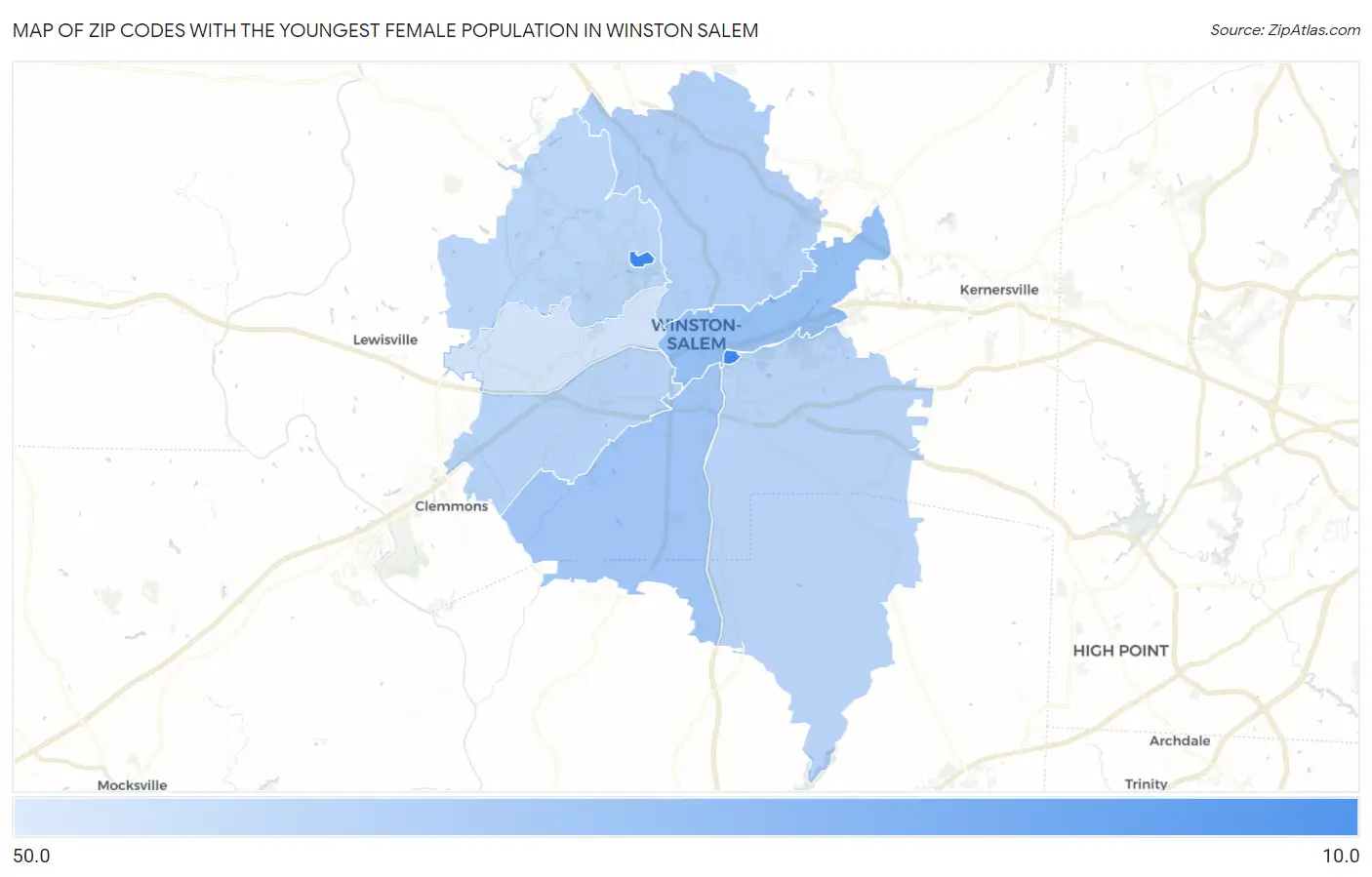 Zip Codes with the Youngest Female Population in Winston Salem Map