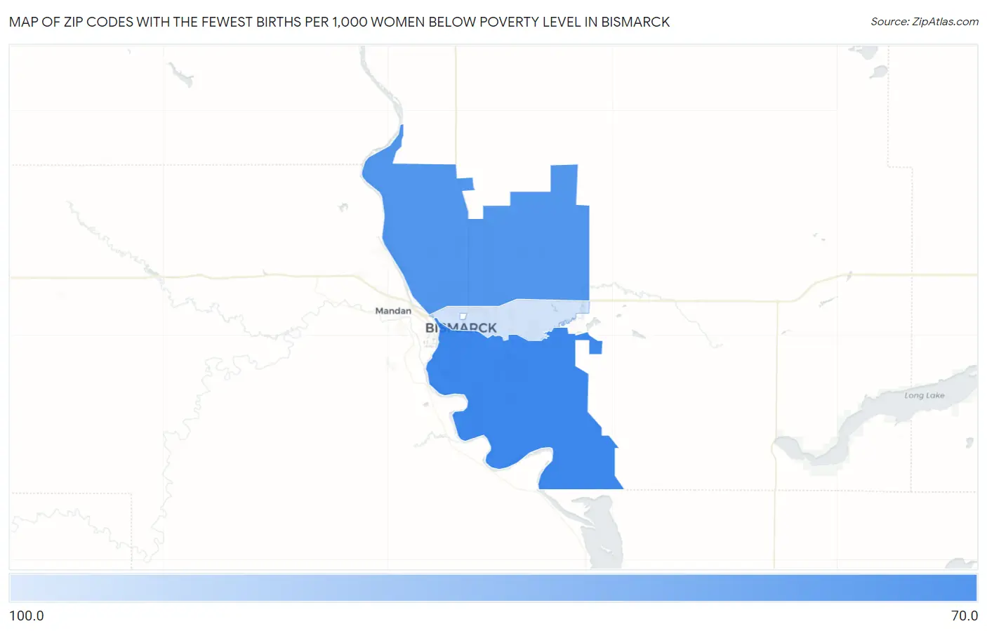 Zip Codes with the Fewest Births per 1,000 Women Below Poverty Level in Bismarck Map
