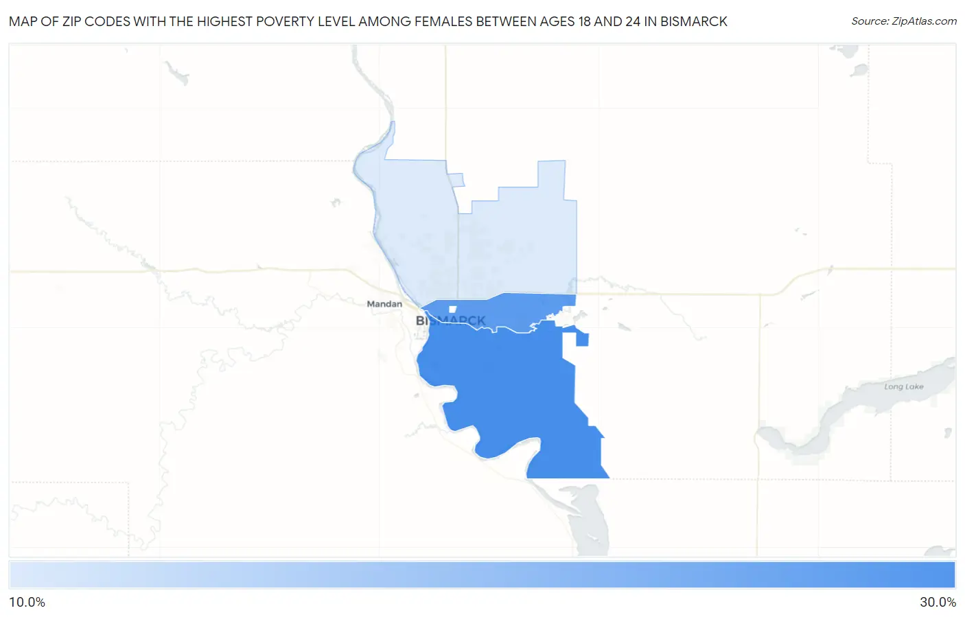 Zip Codes with the Highest Poverty Level Among Females Between Ages 18 and 24 in Bismarck Map
