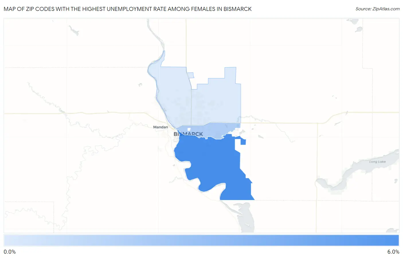 Zip Codes with the Highest Unemployment Rate Among Females in Bismarck Map