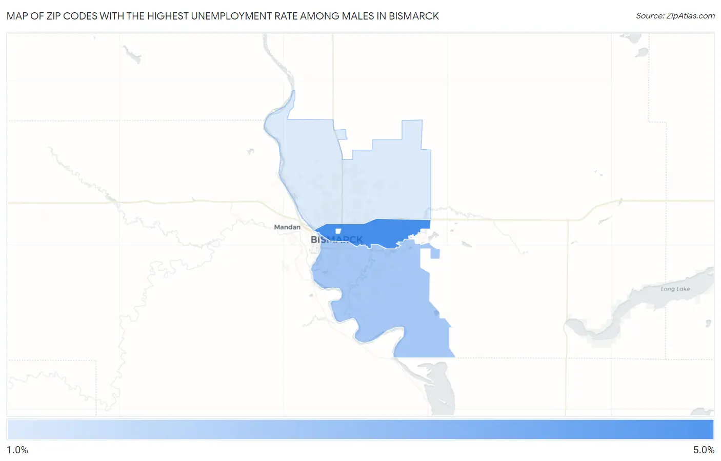 Zip Codes with the Highest Unemployment Rate Among Males in Bismarck Map