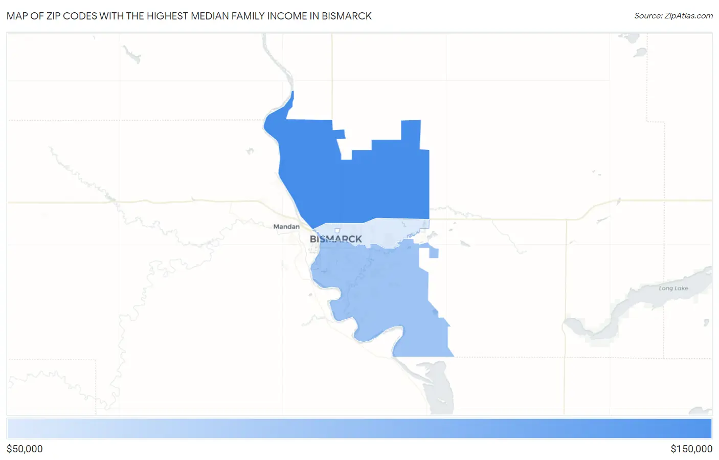 Zip Codes with the Highest Median Family Income in Bismarck Map