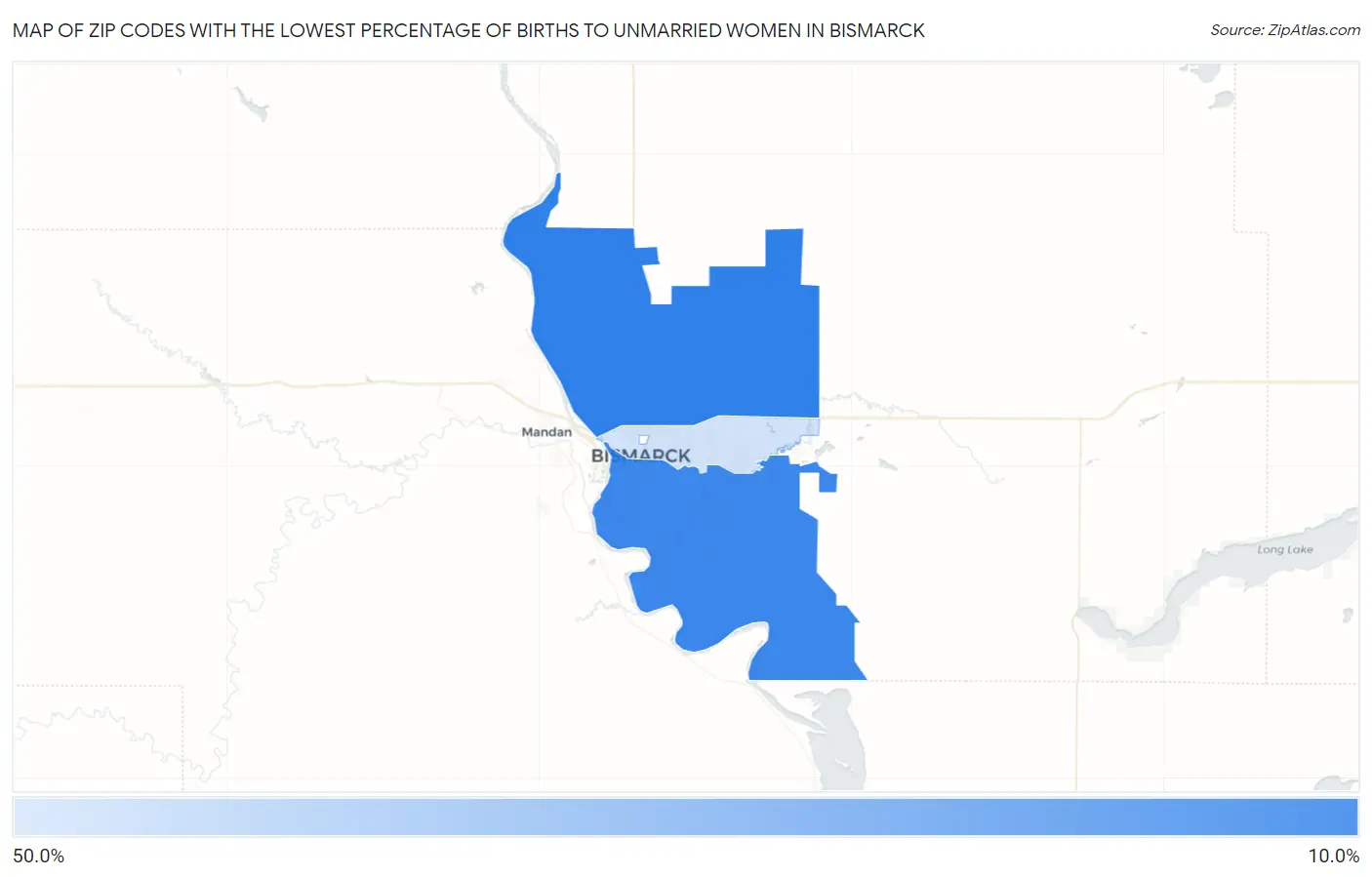 Zip Codes with the Lowest Percentage of Births to Unmarried Women in Bismarck Map
