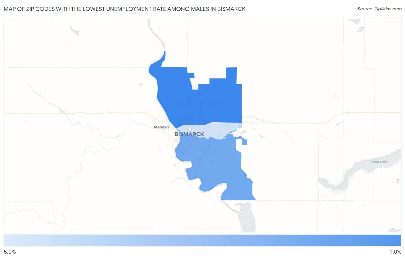 Zip Codes with the Lowest Unemployment Rate Among Males in Bismarck Map