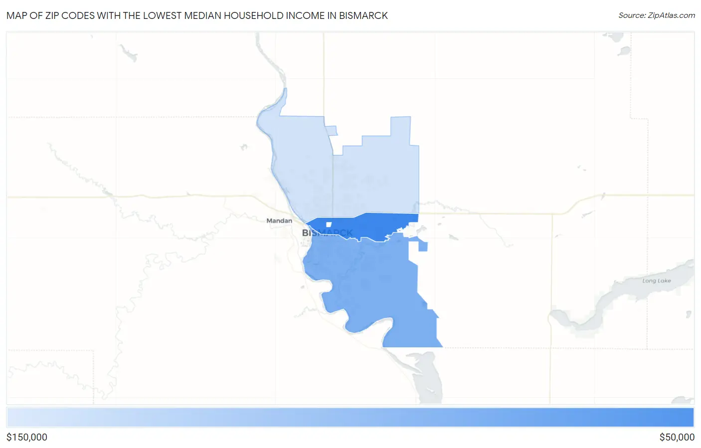 Zip Codes with the Lowest Median Household Income in Bismarck Map