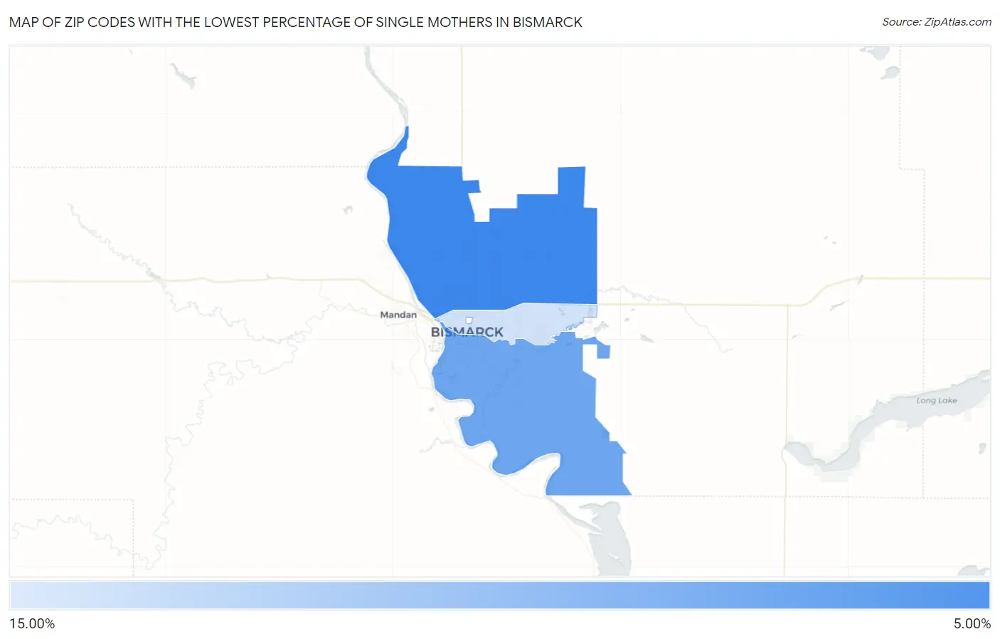 Zip Codes with the Lowest Percentage of Single Mothers in Bismarck Map