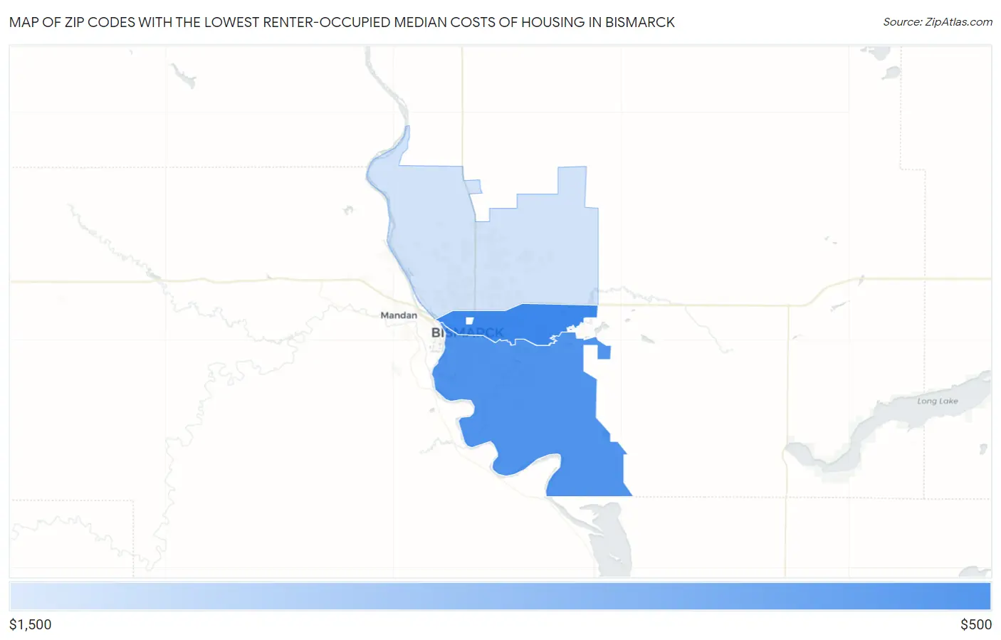 Zip Codes with the Lowest Renter-Occupied Median Costs of Housing in Bismarck Map