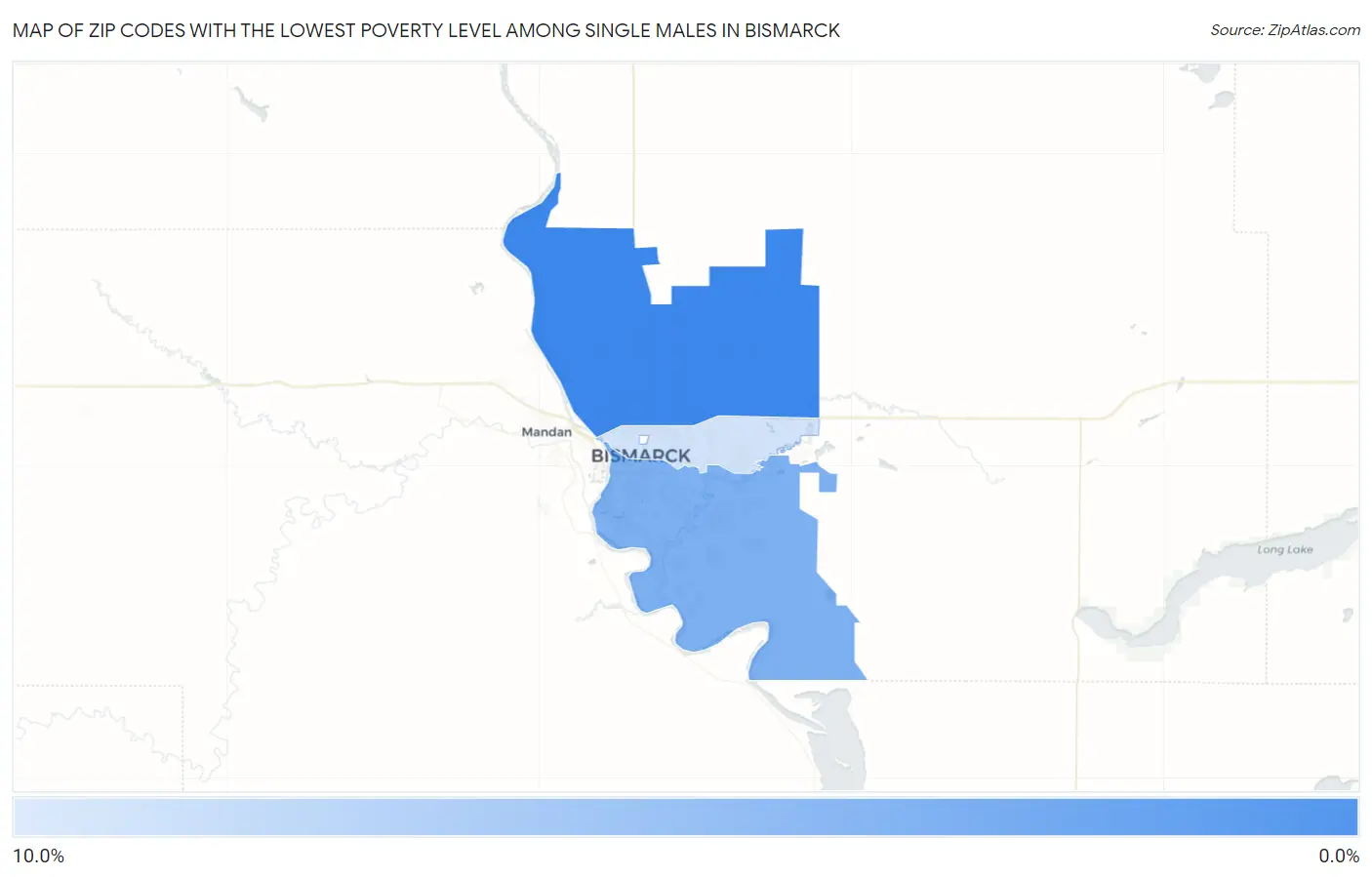 Zip Codes with the Lowest Poverty Level Among Single Males in Bismarck Map