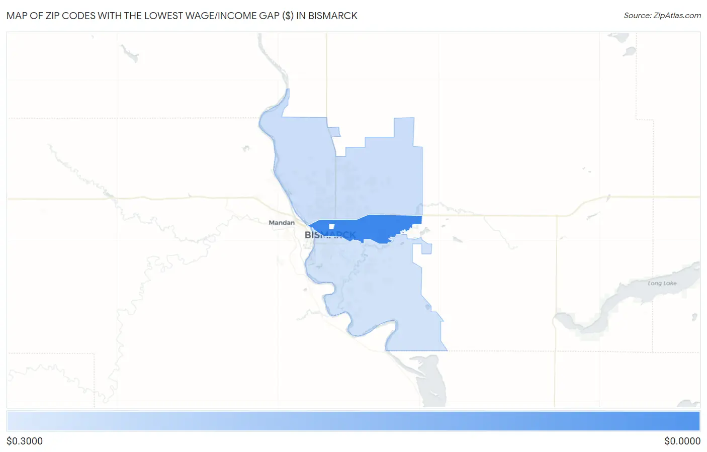 Zip Codes with the Lowest Wage/Income Gap ($) in Bismarck Map