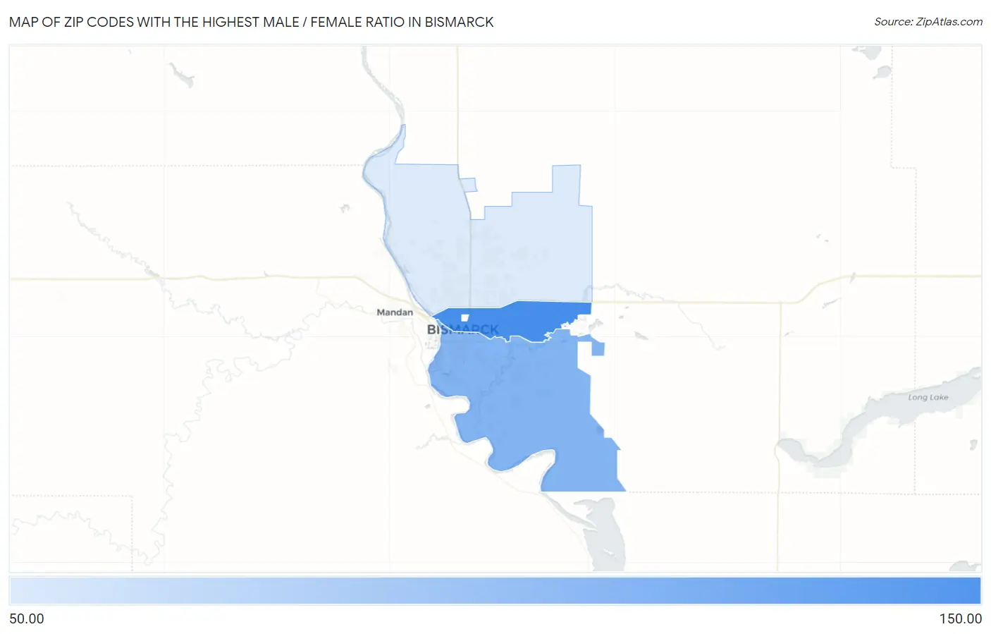 Zip Codes with the Highest Male / Female Ratio in Bismarck Map