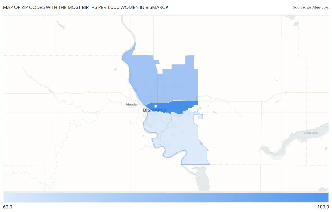 Zip Codes with the Most Births per 1,000 Women in Bismarck Map