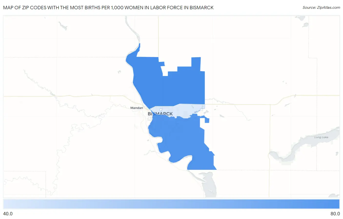 Zip Codes with the Most Births per 1,000 Women in Labor Force in Bismarck Map