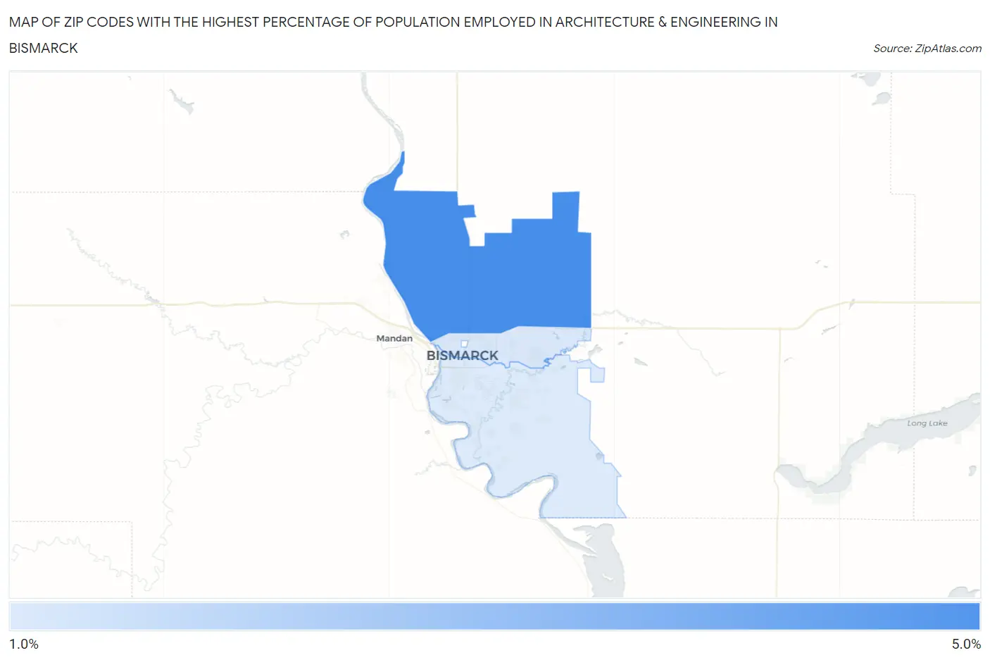 Zip Codes with the Highest Percentage of Population Employed in Architecture & Engineering in Bismarck Map