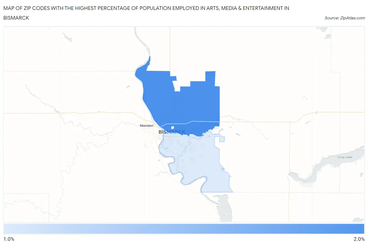 Zip Codes with the Highest Percentage of Population Employed in Arts, Media & Entertainment in Bismarck Map