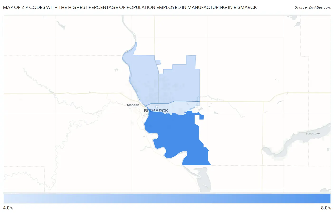 Zip Codes with the Highest Percentage of Population Employed in Manufacturing in Bismarck Map