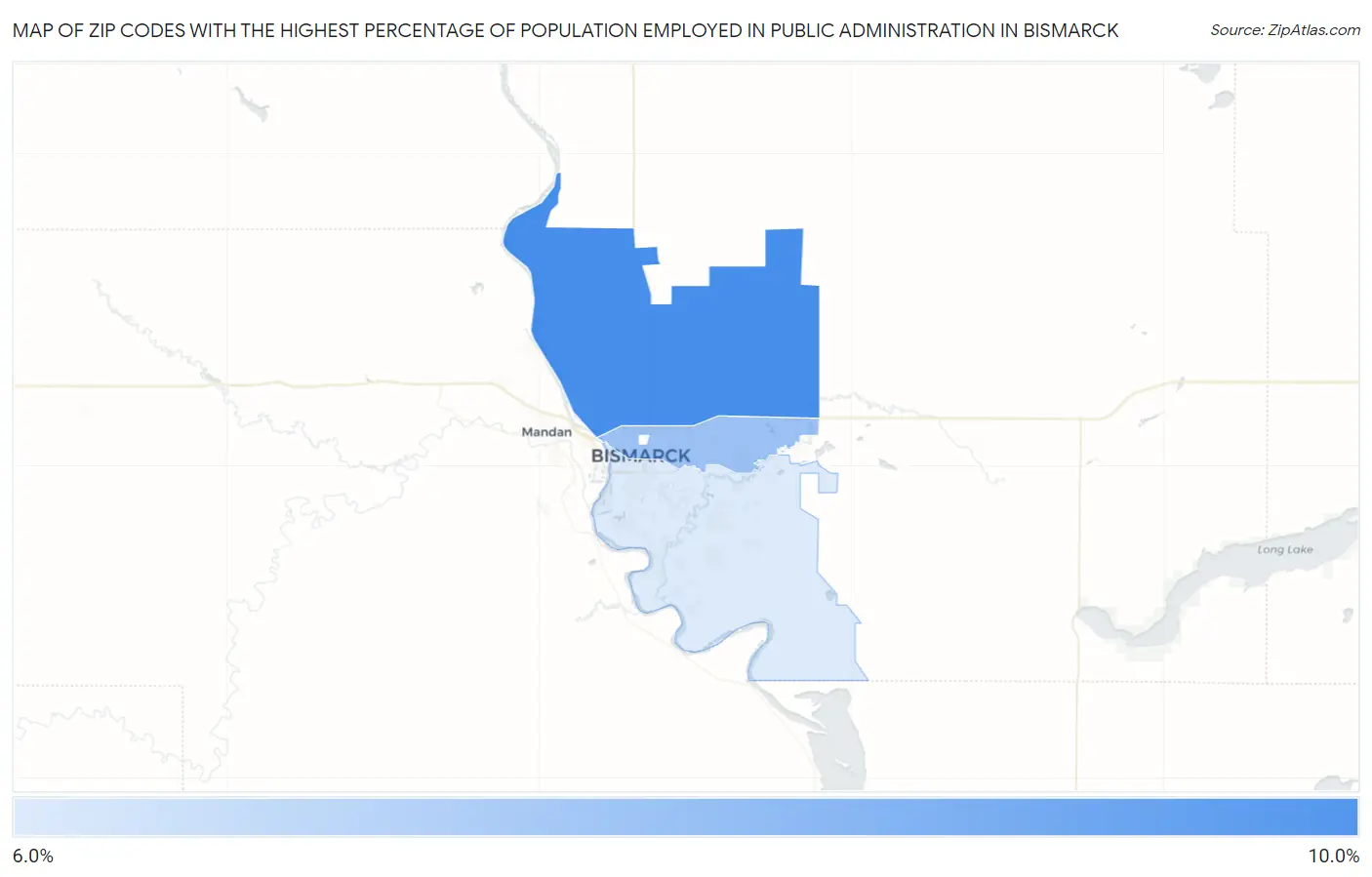Zip Codes with the Highest Percentage of Population Employed in Public Administration in Bismarck Map