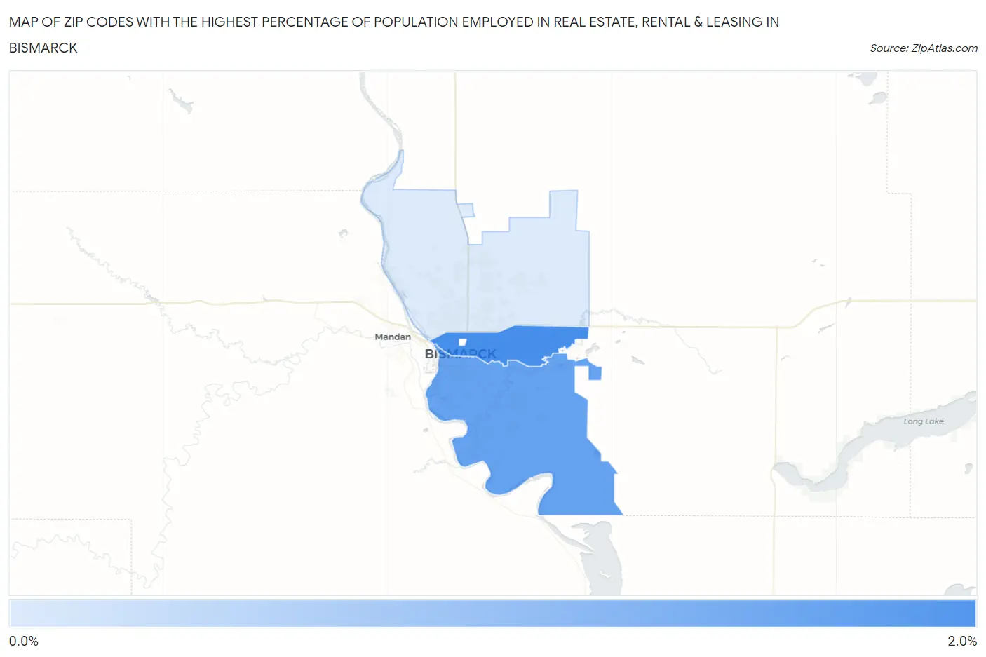 Zip Codes with the Highest Percentage of Population Employed in Real Estate, Rental & Leasing in Bismarck Map