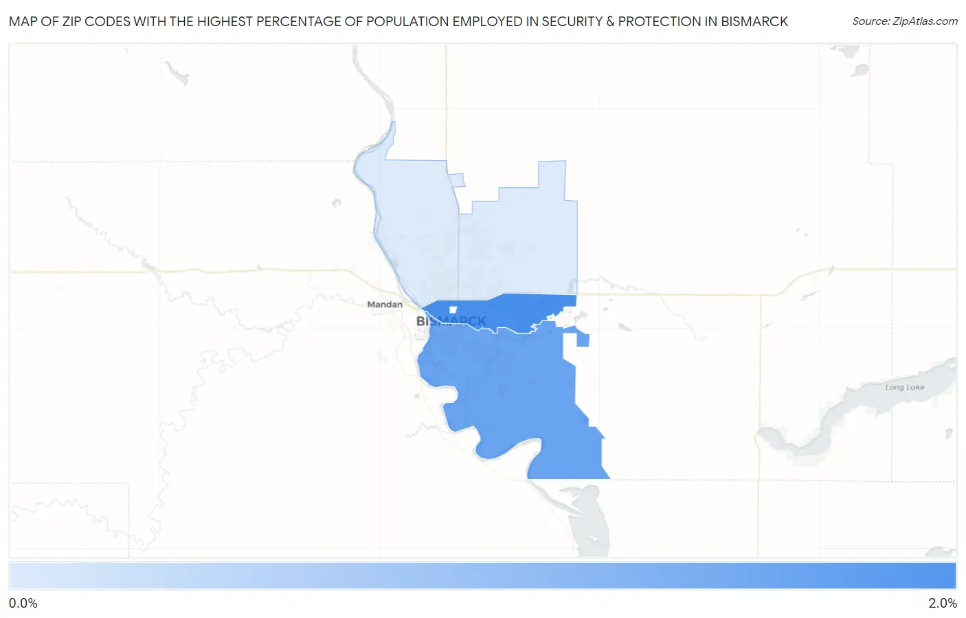 Zip Codes with the Highest Percentage of Population Employed in Security & Protection in Bismarck Map