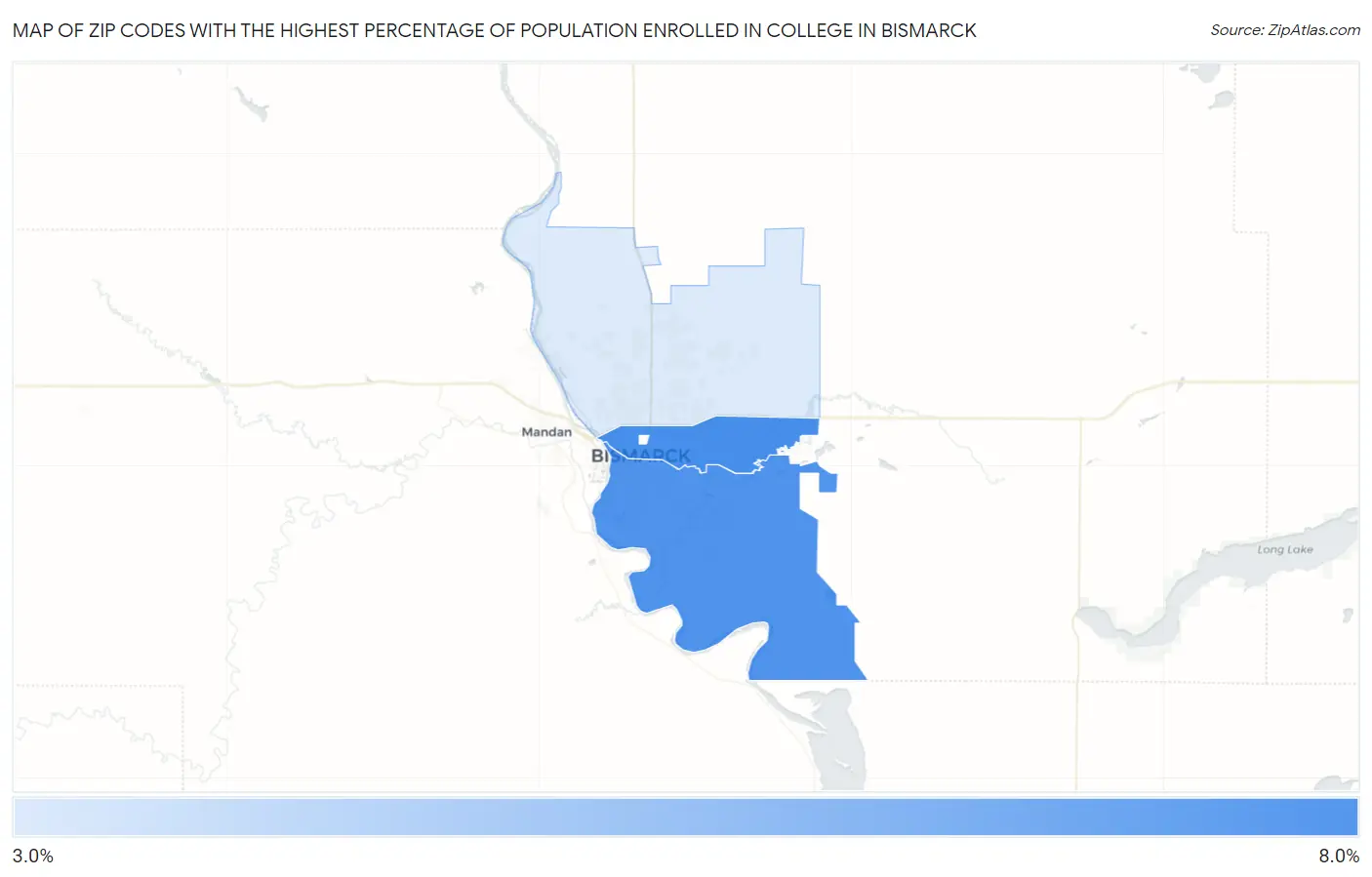 Zip Codes with the Highest Percentage of Population Enrolled in College in Bismarck Map