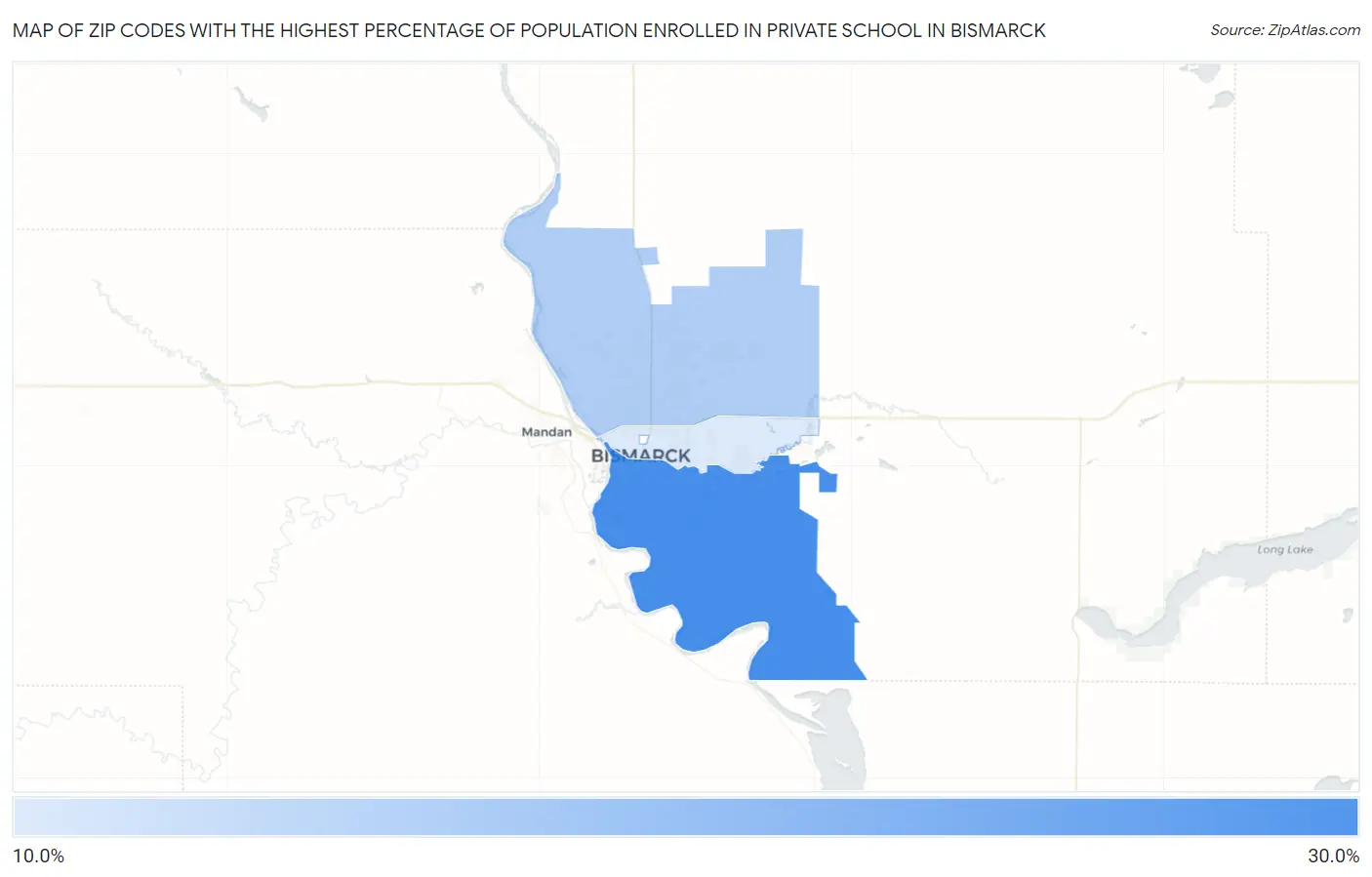 Zip Codes with the Highest Percentage of Population Enrolled in Private School in Bismarck Map