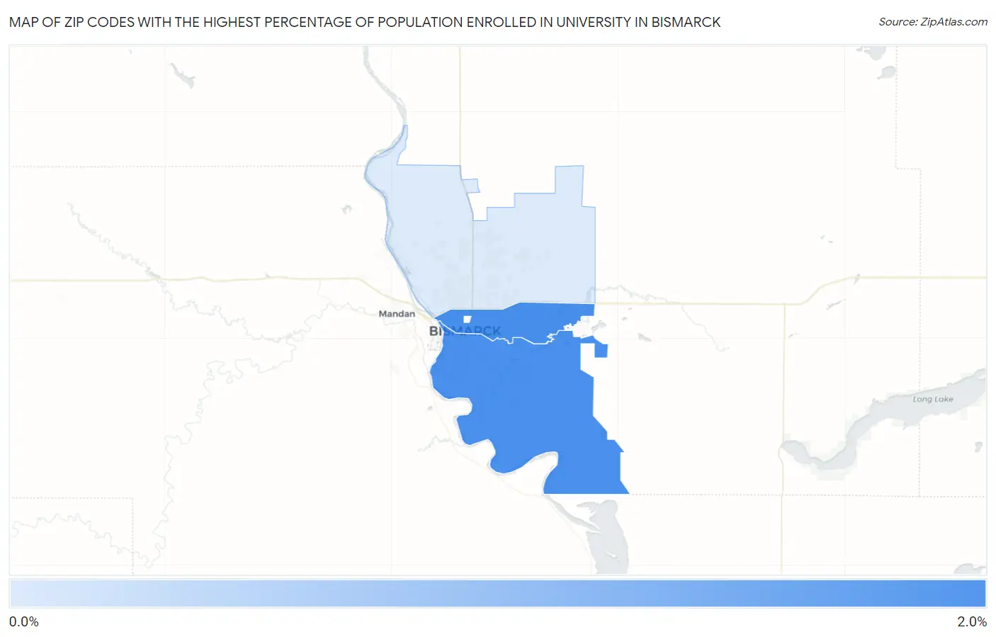 Zip Codes with the Highest Percentage of Population Enrolled in University in Bismarck Map