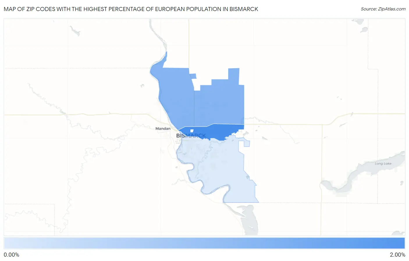 Zip Codes with the Highest Percentage of European Population in Bismarck Map