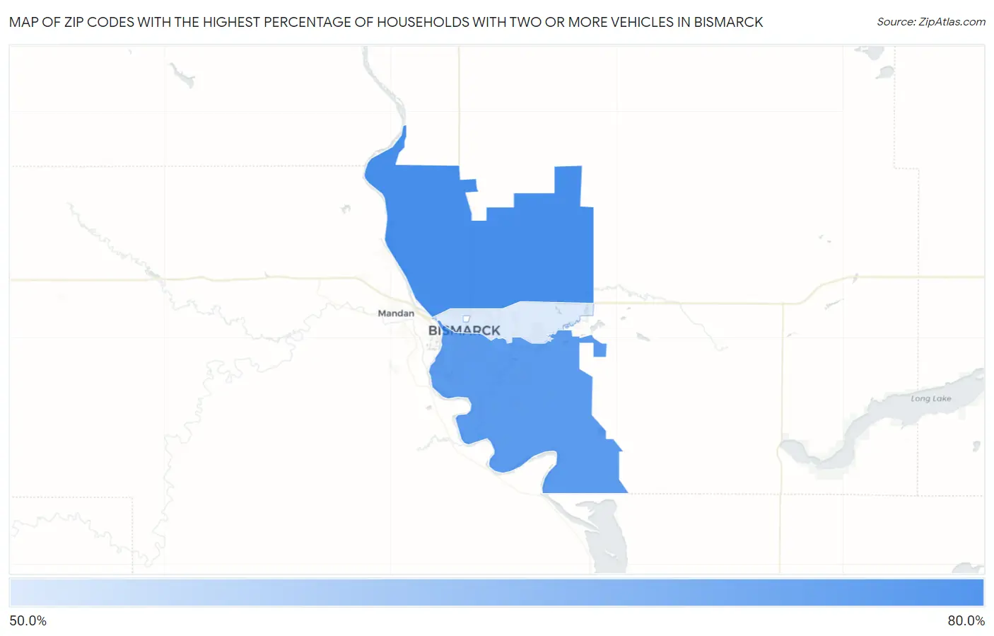 Zip Codes with the Highest Percentage of Households With Two or more Vehicles in Bismarck Map