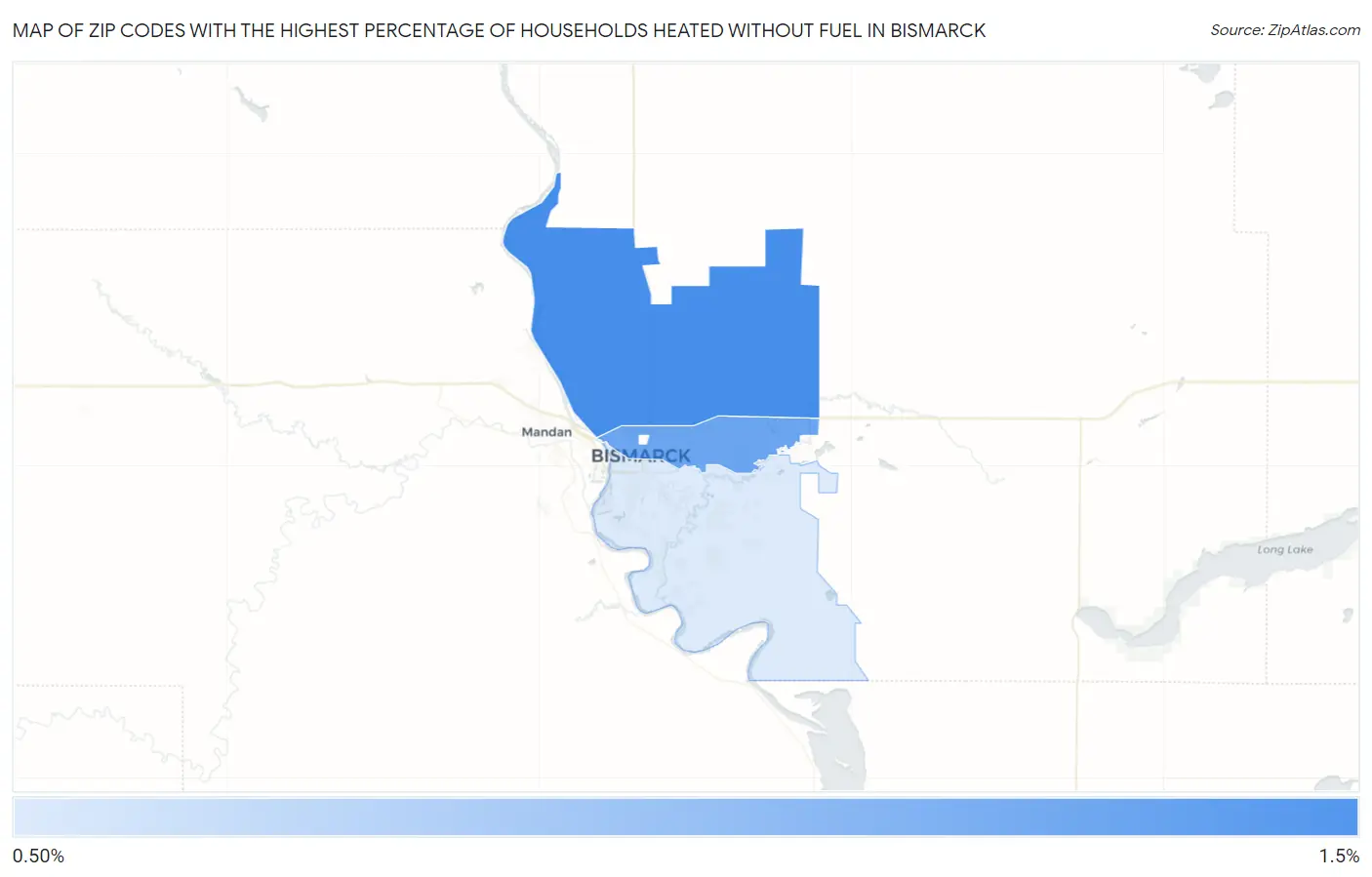 Zip Codes with the Highest Percentage of Households Heated without Fuel in Bismarck Map