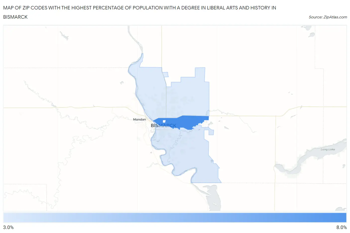 Zip Codes with the Highest Percentage of Population with a Degree in Liberal Arts and History in Bismarck Map