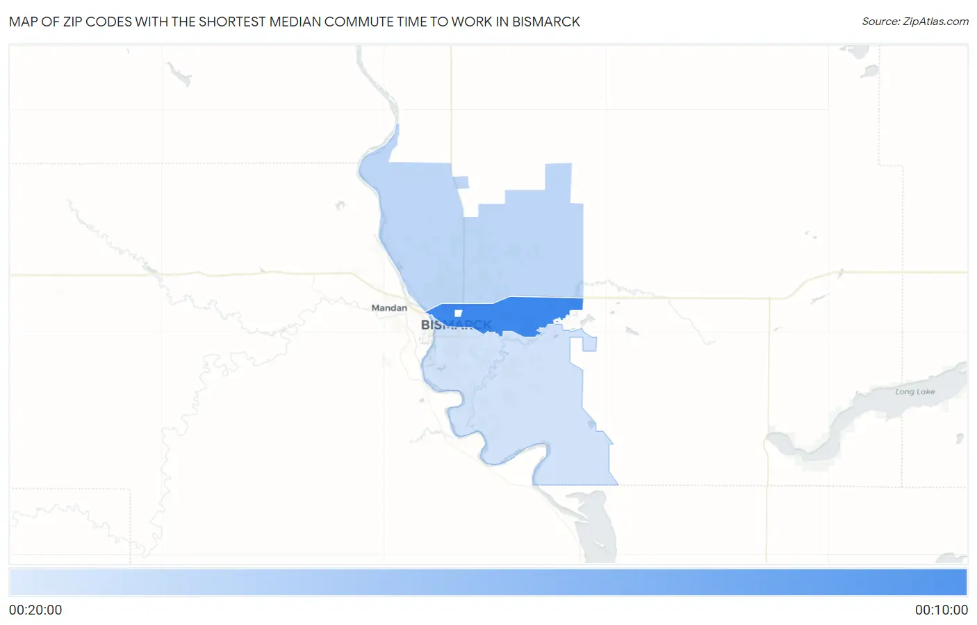 Zip Codes with the Shortest Median Commute Time to Work in Bismarck Map