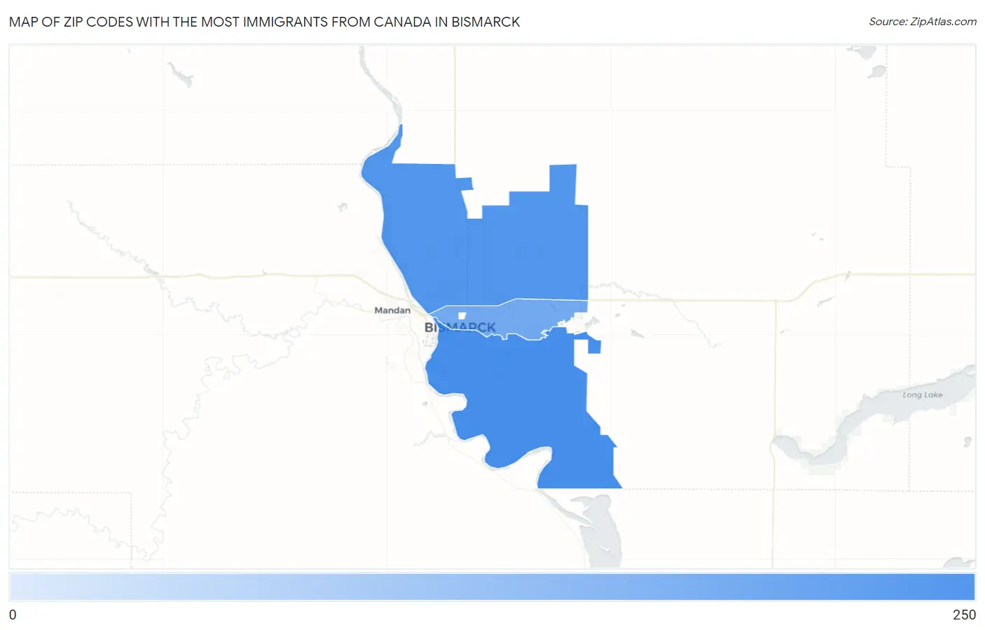 Zip Codes with the Most Immigrants from Canada in Bismarck Map