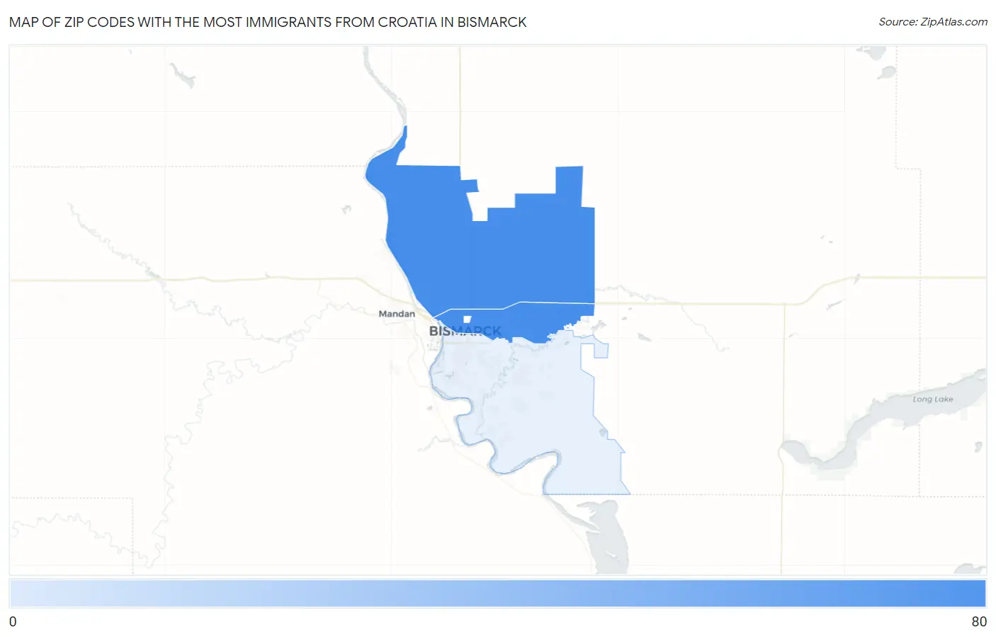 Zip Codes with the Most Immigrants from Croatia in Bismarck Map