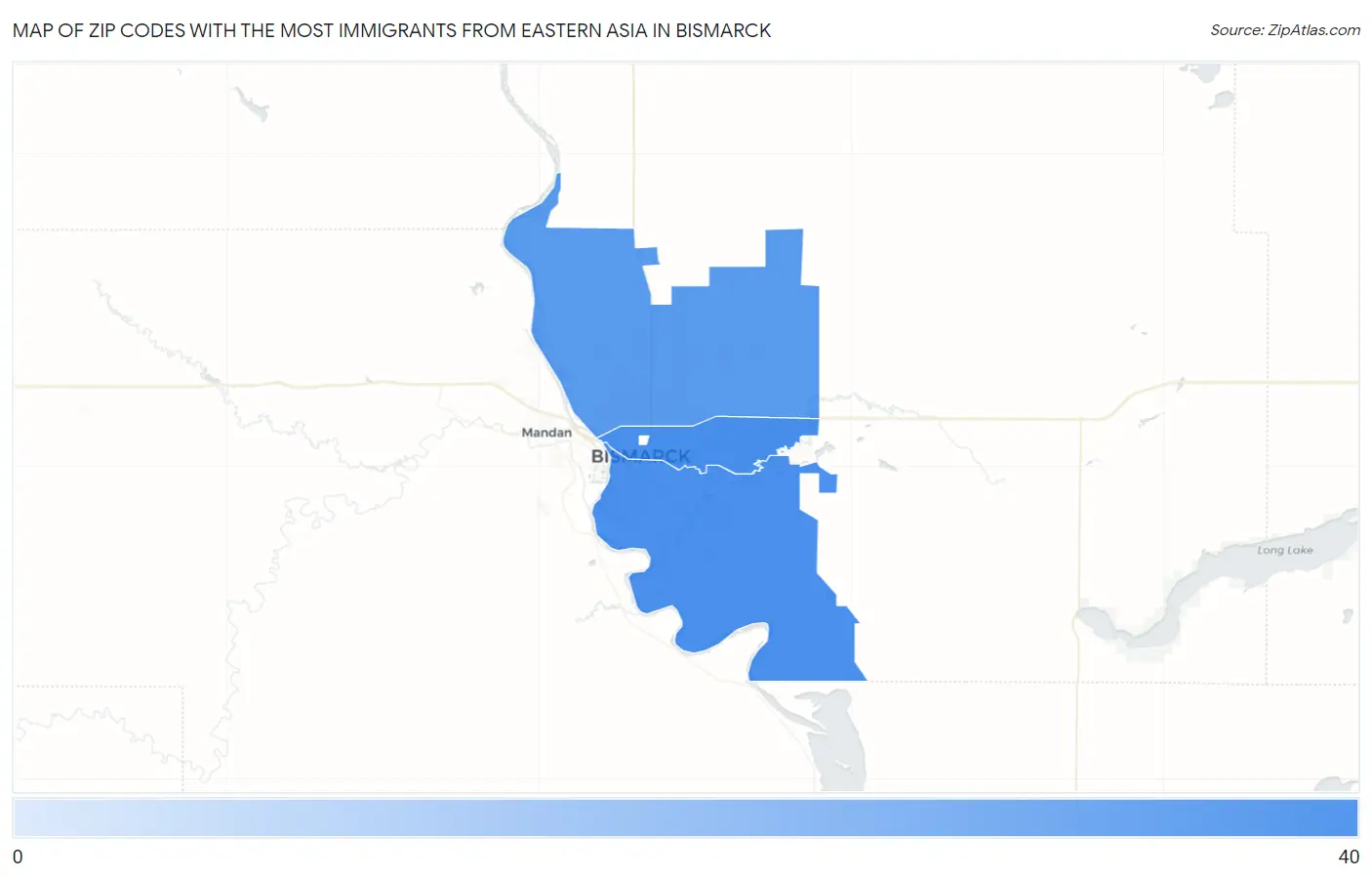 Zip Codes with the Most Immigrants from Eastern Asia in Bismarck Map
